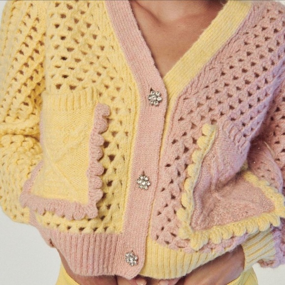 Zara Sweaters - Zara Pastel Yellow and Pink Crochet Cardigan
